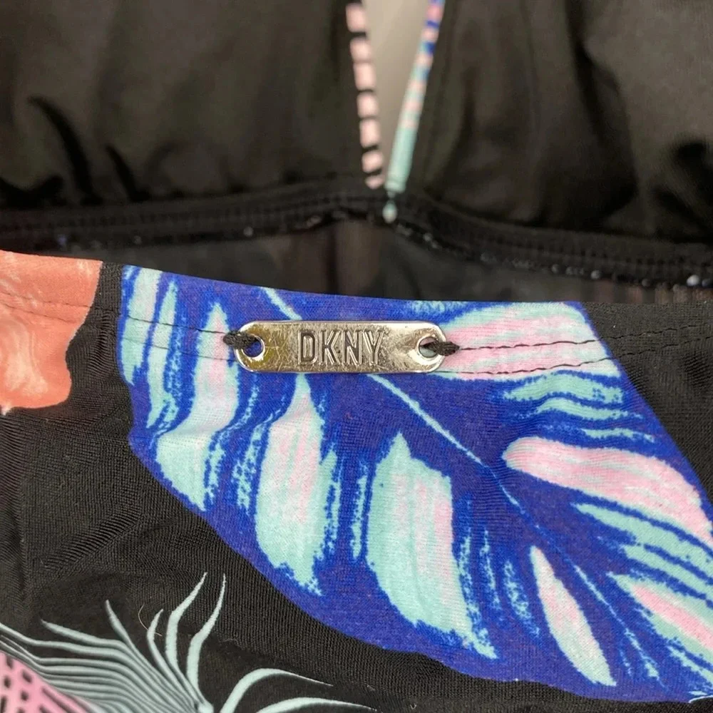 DKNY One Piece Swimsuit Women Size XL Black Pink Floral Halter Tie Neck Swimwear - Picture 8 of 10